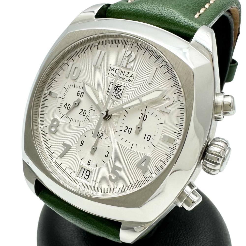 【TAG HEUER/タグホイヤー】 モンツァ キャリバー36 CR5111 エルプリメロ 腕時計 ステンレススチール 自動巻き/オートマ ホワイト文字盤/緑革(社外)  メンズ【中古】【真子質店】【GD】【TDTx】 TAG HEUER/タグホイヤー】 モンツァ キャリバー36 CR5111 エルプリメロ