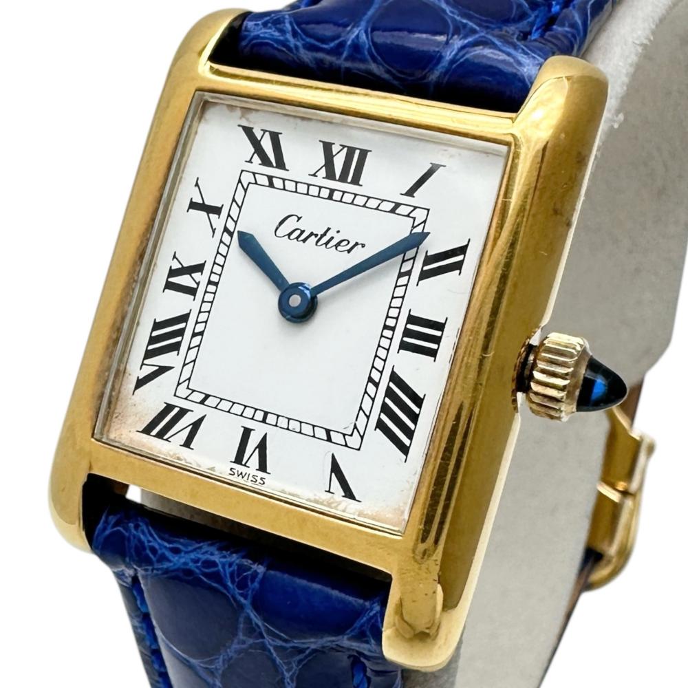 【本物保証】 箱付 カルティエ CARTIER マストタンクSM 白文字盤 GP/レザー 2023/11 OH済 28mm×20mm 手巻 レディース 腕時計 アンティーク MUST DE CARTIER カルティエ マストタンクSM 白文字盤 GP/レザー 2023