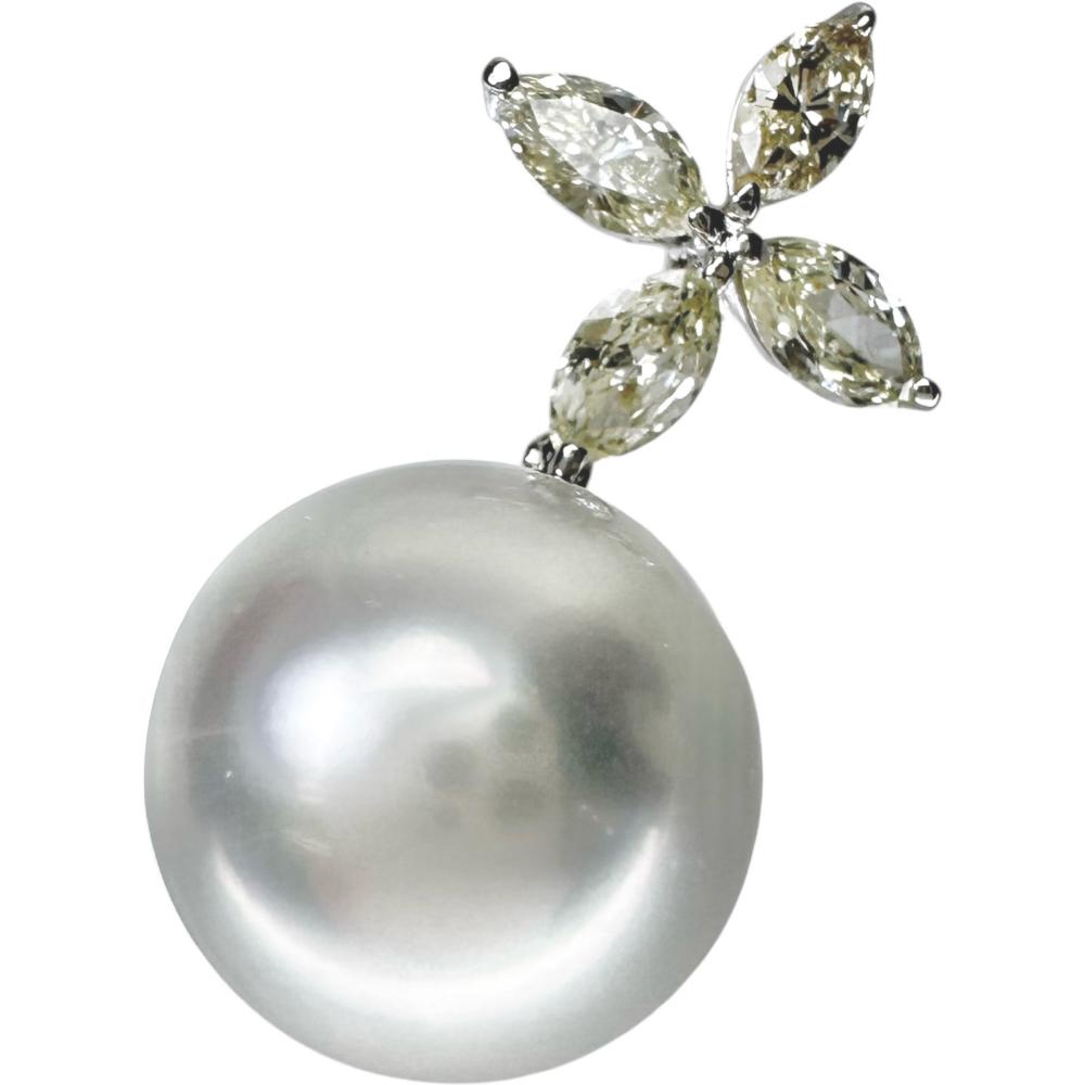 売り日本K18wg 白色系南洋パール約14mmダイヤモンド:0.22ct 白蝶（しろちょう）真珠