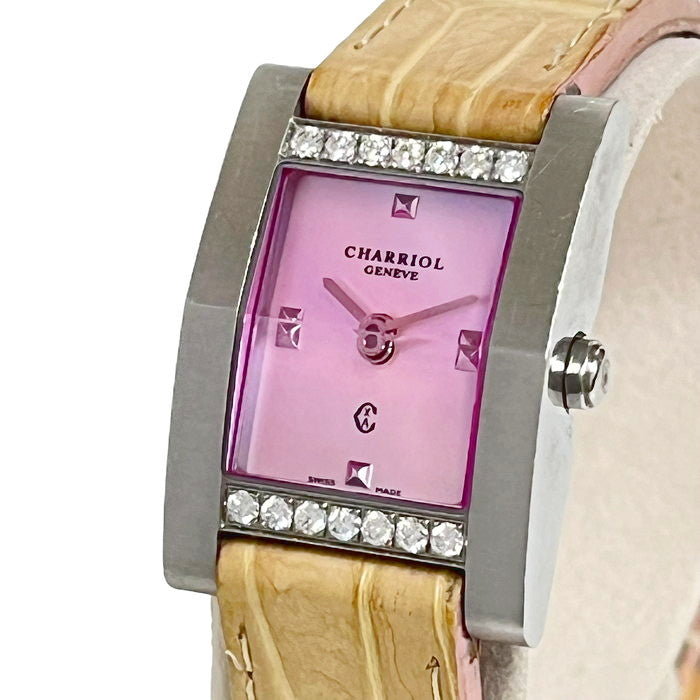 【CHARRIOL/シャリオール】 No324 メジェーブ カットガラス 腕時計 ステンレススチール/ダイヤモンド/レザー クオーツ ピンク  レディース