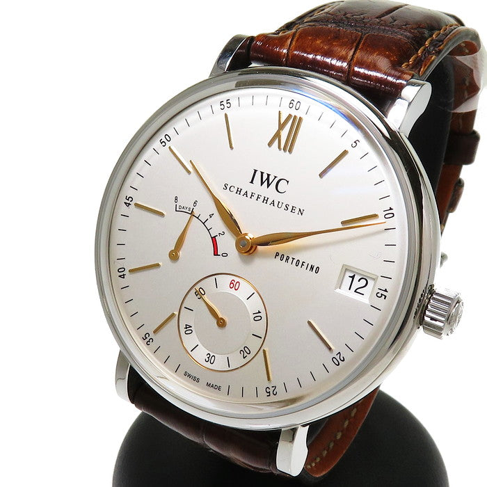 【IWC/インターナショナルウォッチカンパニー】 ポートフィノ・ハンドワインド・エイトデイズ IW510103 8デイズ/8days　パワーリザーブ  腕時計 ステンレススチール/レザー 手巻き シルバー系文字盤 メンズ, 【中古】【真子質店】【GD】, 【DDII】