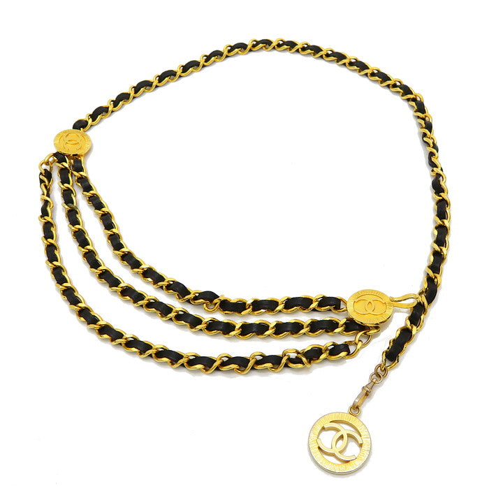 極美品　CHANEL シャネル　1984　ココマーク　3連　チェーンベルト　金色 CHANEL/シャネル】 チェーンベルト ココマーク 1984 ベルト GP/レザー