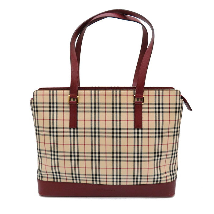 【BURBERRY/バーバリー】 ノバチェック トートバッグ キャンバス/レザー ベージュ/ワインレッド レディース【中古】【真子質店】【GD】,  【TMoMa】