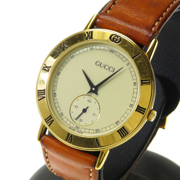 【GUCCI/グッチ】 3000.2.M 腕時計 GP/レザー クオーツ クリーム系文字盤 メンズ