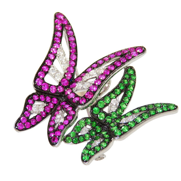 蝶/バタフライモチーフ 2WAY ブローチ兼用 ルビー 計1.53ct グリーン 