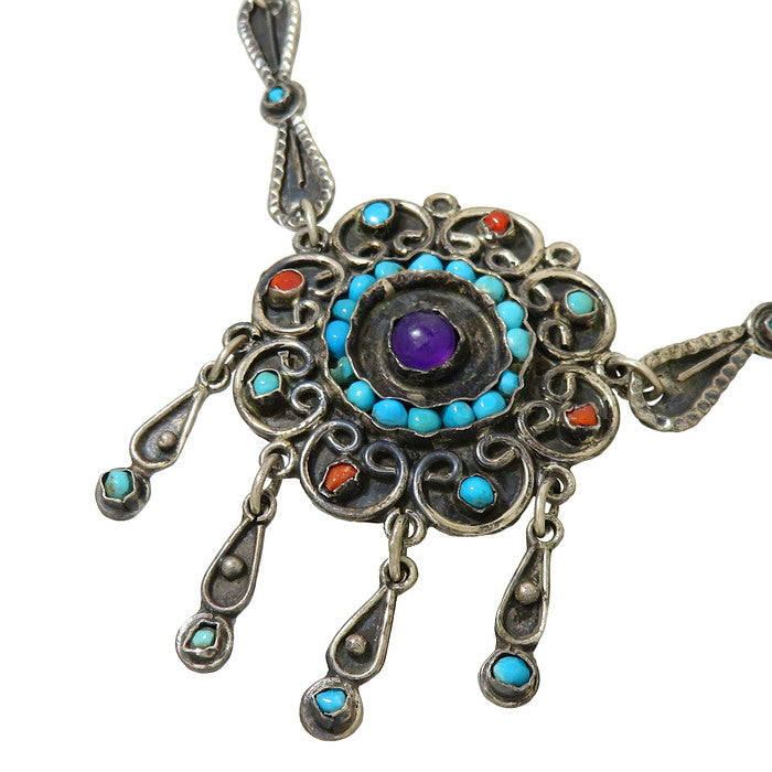インディアンジュエリー メキシコ 色石 ネックレス シルバー925 52.5g 
