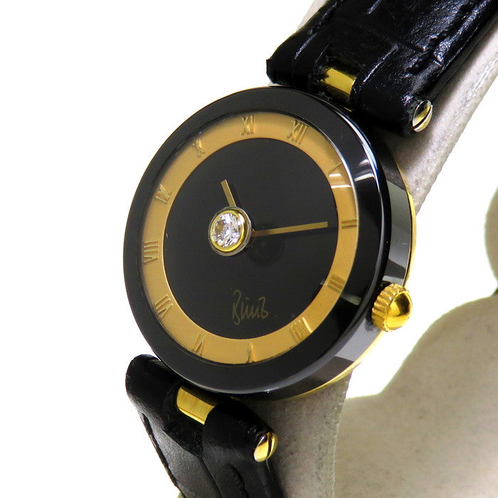 【BUNZ/ブンツ】 1P ダイヤモンド 腕時計 GP/社外製革ベルト クオーツ ブラック文字盤 レディース
