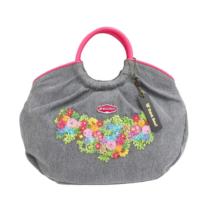 thinkbee/シンクビー】 ビーズ 花刺繍 ハンドバッグ デニム グレー