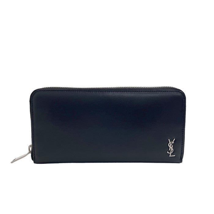 【SAINT LAURENT/サンローラン】 630201 YSLロゴ ラウンドファスナー 長財布 黒×シルバー  ユニセックス【中古】【真子質店】【GD】, 【Dxx】