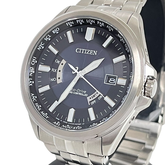 【CITIZEN/シチズン】 エコドライブ H145-S073545 ▲ネーム刻印有 腕時計 ステンレススチール ソーラー電波 ネイビー文字盤  メンズ, 【中古】【真子質店】【GD】, 【IIMo】