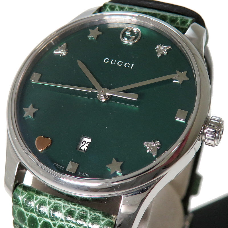 【GUCCI/グッチ】 Gタイムレス 29MM 126.5/YA126585 腕時計 ステンレススチール/リザード クオーツ シルバー  グリーンシェル文字盤 グリーンベルト レディース, 【中古】【真子質店】【GD】, 【DxK】