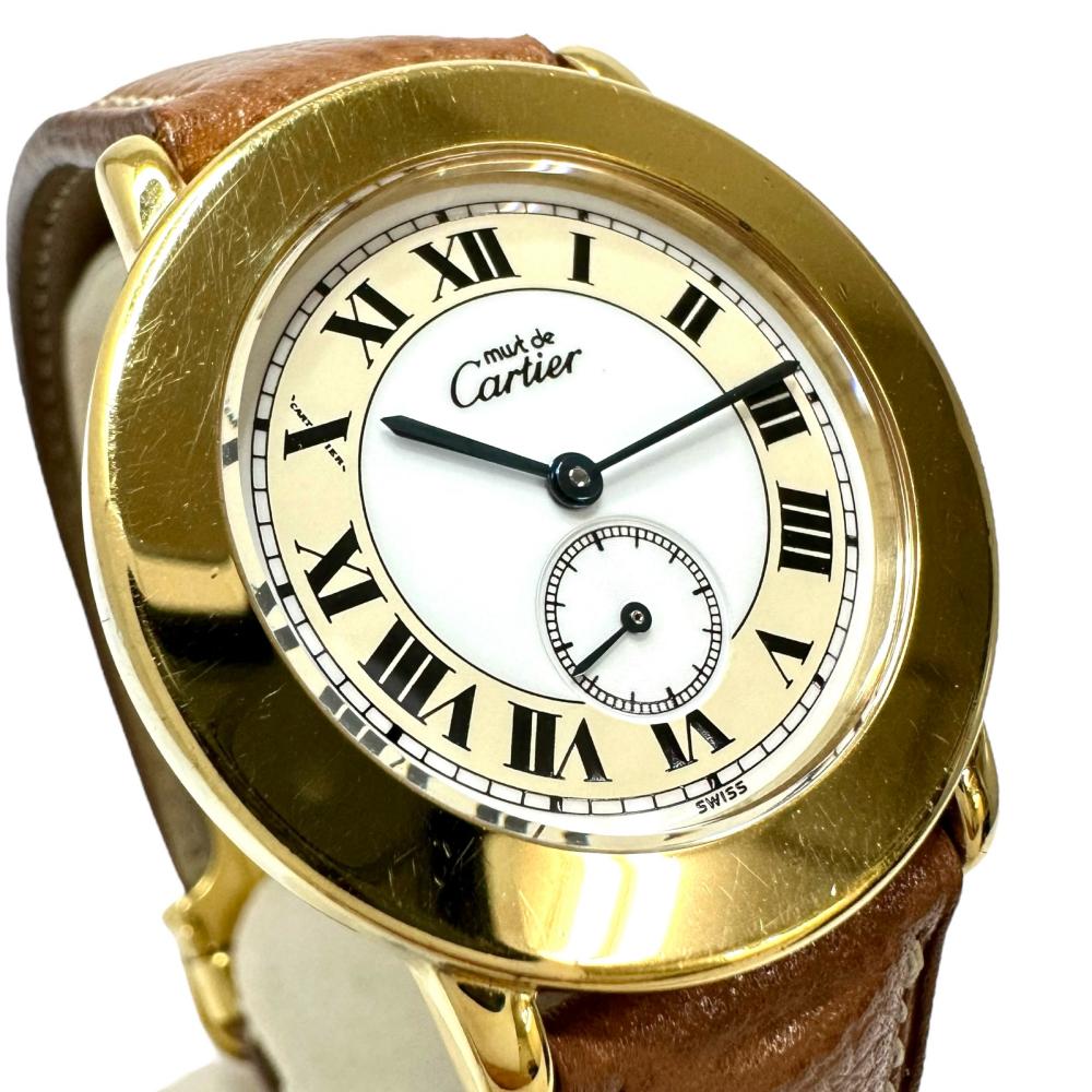 【CARTIER/カルティエ】 マストロンド ヴェルメイユ 電池交換済 腕時計 レザー/GP/SVシルバー(ヴェルメイユ) クオーツ  白文字盤/GP純正バックル ユニセックス, 【中古】【真子質店】【GD】, 【MiMox】