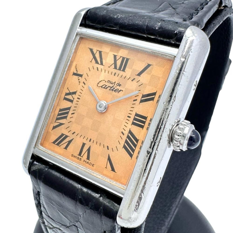 【CARTIER/カルティエ】 マストタンク 2003年クリスマス限定 W1017654 腕時計 シルバー925/レザー クオーツ  オレンジ文字盤/市松模様/ブラック革（社外） レディース