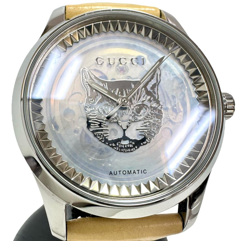 【GUCCI/グッチ】 126.4 タイムレス ネコ/猫　裏スケ/シースルー 腕時計 ステンレススチール/レザー 自動巻き/オートマ 白系文字盤/ベージュ革ベルト ユニセックス 【中古】【真子質店】【GD】 【Yxx】