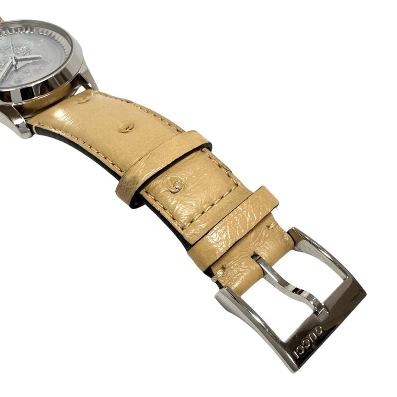 【GUCCI/グッチ】 126.4 タイムレス ネコ/猫　裏スケ/シースルー 腕時計 ステンレススチール/レザー 自動巻き/オートマ 白系文字盤/ベージュ革ベルト ユニセックス 【中古】【真子質店】【GD】 【Yxx】
