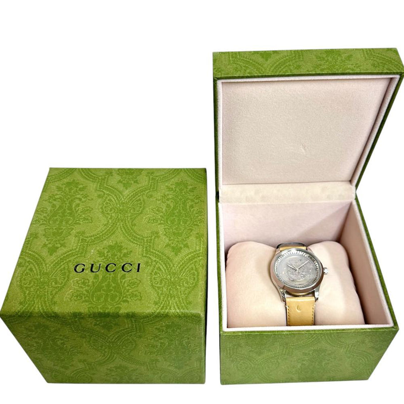【GUCCI/グッチ】 126.4 タイムレス ネコ/猫　裏スケ/シースルー 腕時計 ステンレススチール/レザー 自動巻き/オートマ 白系文字盤/ベージュ革ベルト ユニセックス 【中古】【真子質店】【GD】 【Yxx】