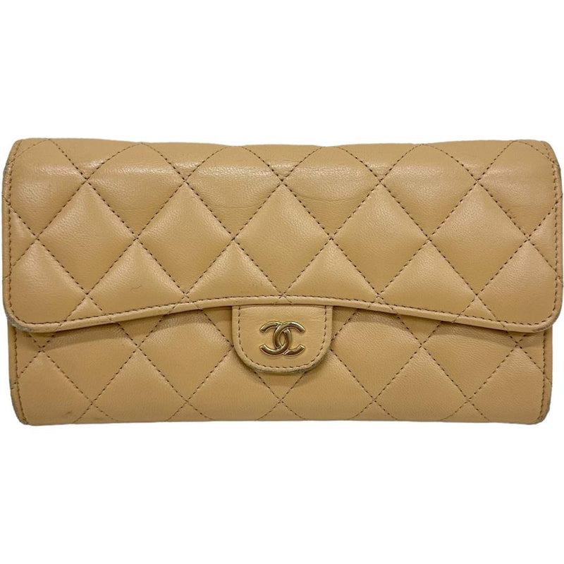 【CHANEL/シャネル】 マトラッセ 二つ折り Gカード/Sシール付 長財布 ラムスキン ベージュ/ゴールド金具  レディース【中古】【真子質店】【BL】, 【MaMox】