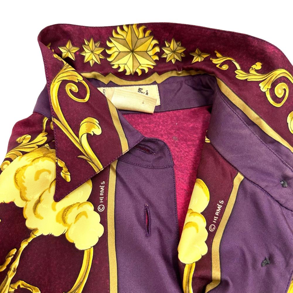 HERMES/エルメス】 総柄ブラウス 長袖シャツ シルク100％ ボルドー