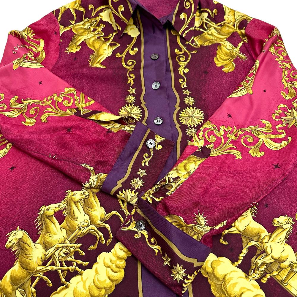 HERMES/エルメス】 総柄ブラウス 長袖シャツ シルク100％ ボルドー