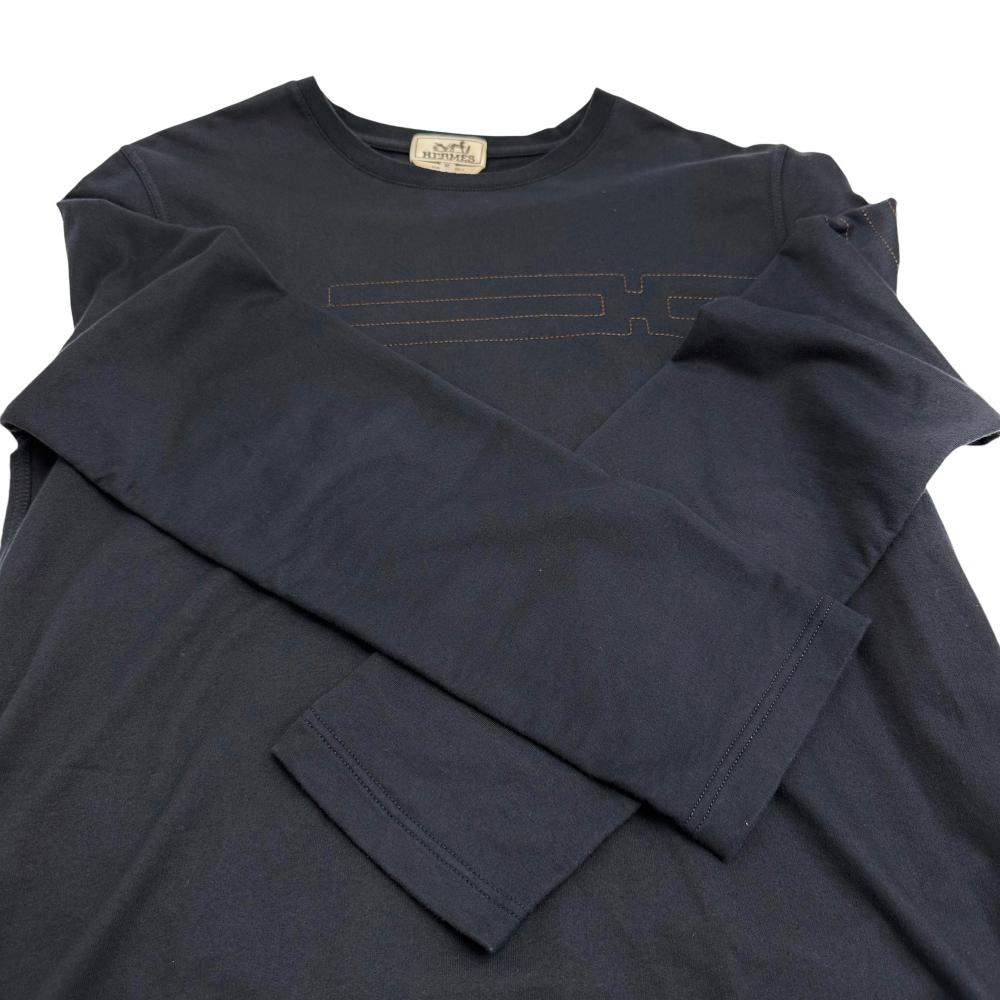 HERMES エルメス Tシャツ カットソー ワンポイントロゴ 濃紺