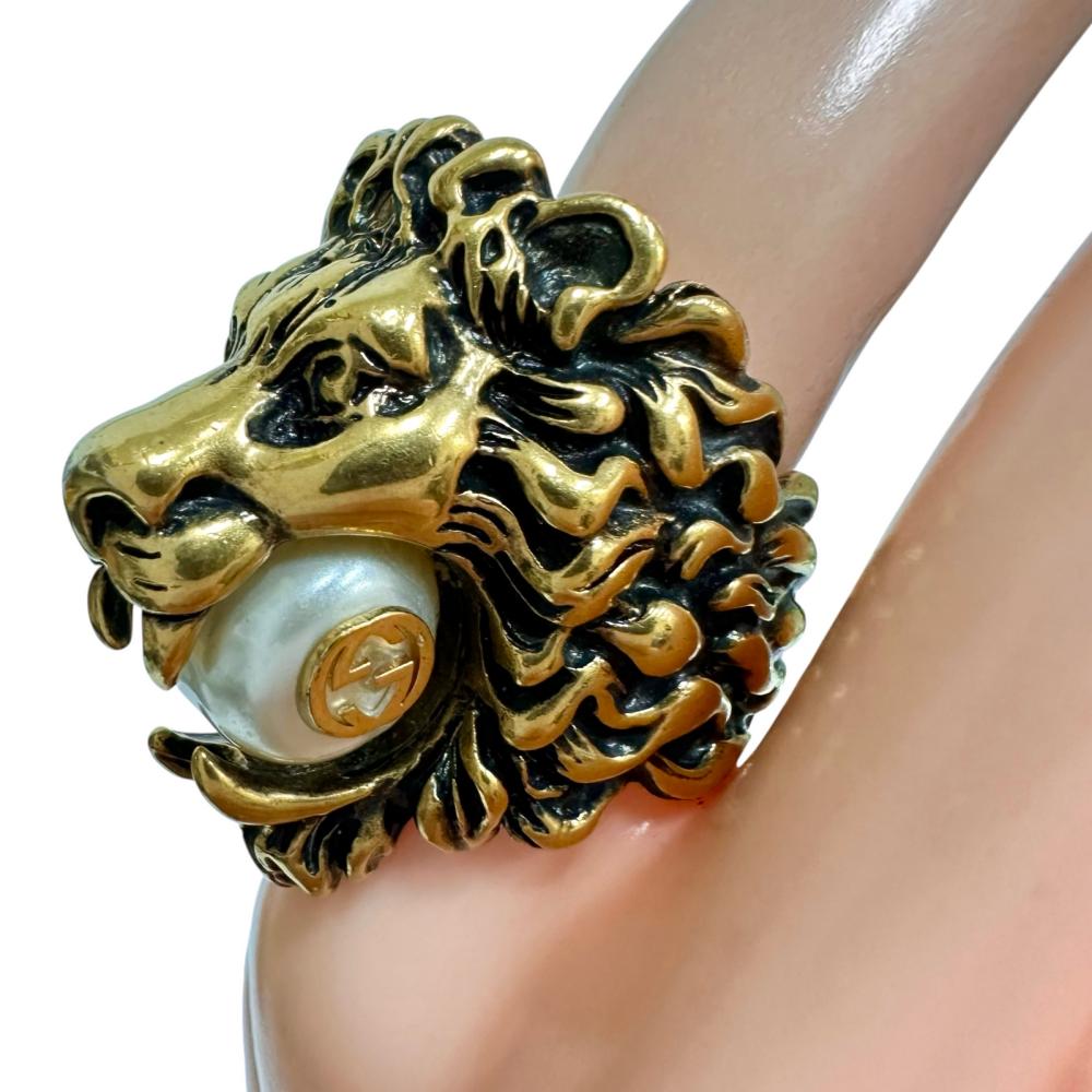 11.5号【GUCCI/グッチ】 ライオンヘッド 真珠/パール リング・指輪 GP