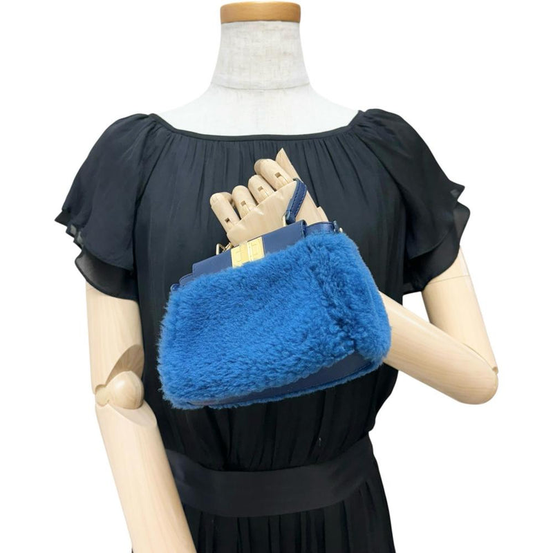 【FENDI/フェンディ】 マイクロピーカブー 2WAY ショルダーバッグ ハンドバッグ ムートン/レザー ブルー レディース【中古】【真子質店】【BL】 【Dxx】
