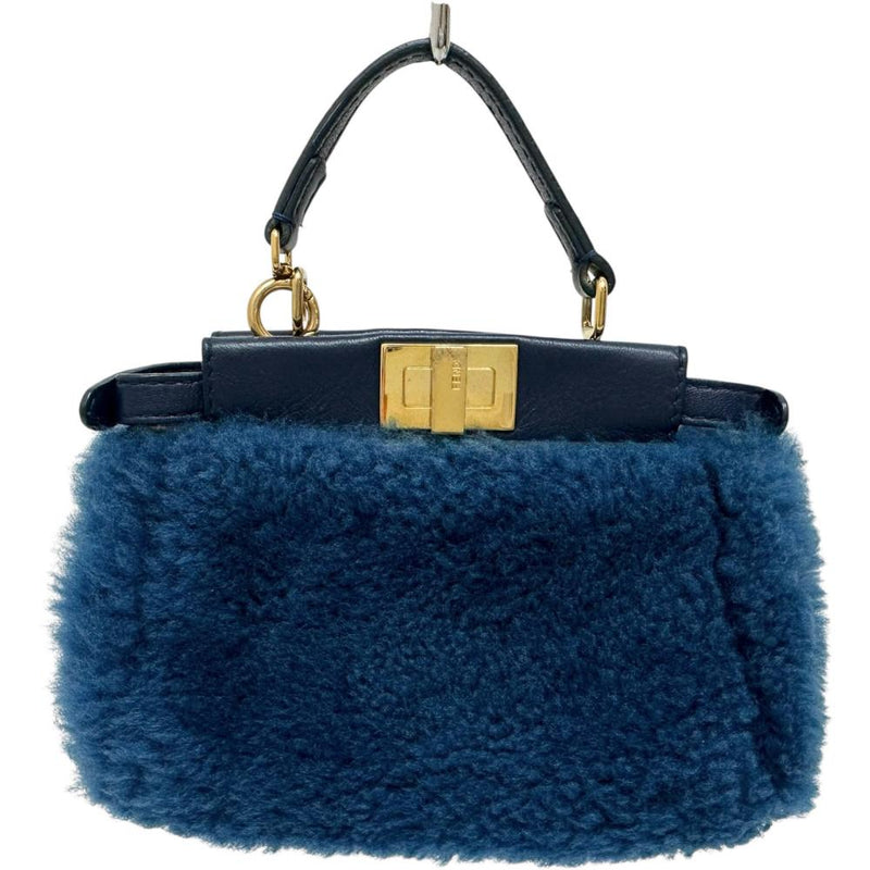 【FENDI/フェンディ】 マイクロピーカブー 2WAY ショルダーバッグ ハンドバッグ ムートン/レザー ブルー レディース【中古】【真子質店】【BL】 【Dxx】