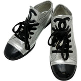 CHANEL Coco Mark Sneakers, Leather/Patent Leather, Silver/Black, Women's, Pre-owned, Available at Mako Pawn Shop




 [TMiY] 