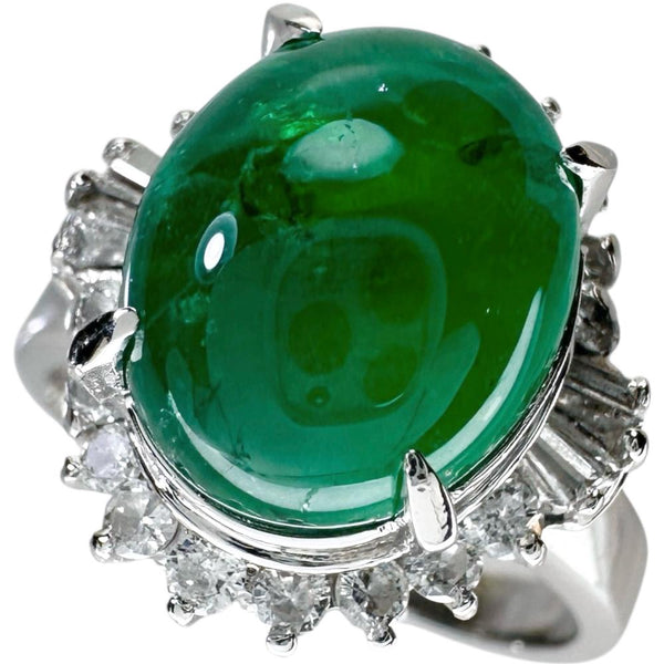 13号 カボションエメラルド 3.92ct ダイヤモンド 0.41ct リング・指輪 Pt900プラチナ 7.8g レディース 【中古】【真子質店】【NN】 【ITSMi】