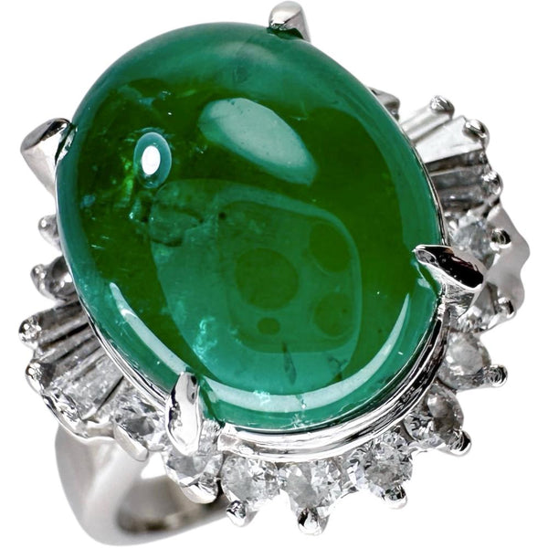 13号 カボションエメラルド 3.92ct ダイヤモンド 0.41ct リング・指輪 Pt900プラチナ 7.8g レディース 【中古】【真子質店】【NN】 【ITSMi】