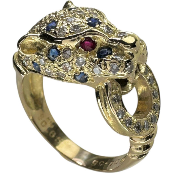 15.5号 パンサー/豹デザイン サファイア 0.65ct ルビー ダイヤモンド 0.55ct リング・指輪 K18ゴールド 18金 8.1g レディース 【中古】【真子質店】【NN】 【IIxx】
