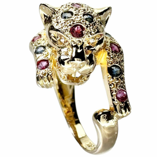 11.5号 パンサーモチーフ　豹モチーフ ルビー 0.43ct サファイア 0.40ct ダイヤモンド 0.01ct リング・指輪 K18ゴールド 18金 6.8g レディース
【中古】【真子質店】【NN】




【MiDK】