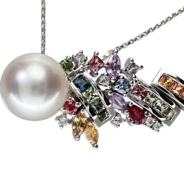 パール/真珠 9.3mm マルチサファイア 計2.15ct ダイヤモンド 計0.07ct ネックレス K18WGホワイトゴールド 18金 9.4g 45cm レディース 【中古】【真子質店】【NN】 【IxTMa】