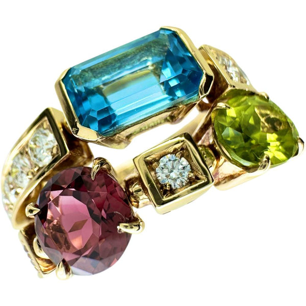 13号【BVLGARI/ブルガリ】 アレグラ ブルートパーズ/ペリドット/ガーネット ダイヤモンド リング・指輪 K18ゴールド 18金 8.2g レディース 【中古】【真子質店】【GD】 【MaMiMox】