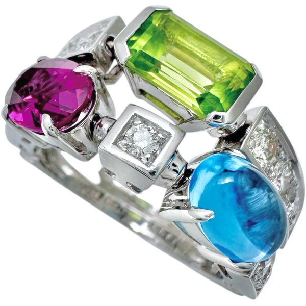10号【BVLGARI/ブルガリ】 アレグラ ペリドット/ブルートパーズ/ガーネット ダイヤモンド リング・指輪 K18WGホワイトゴールド 18金 7.5g レディース 【中古】【真子質店】【GD】 【MaMiMox】