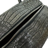 クロコ型押し ハンドバッグ レザー/メタリックコーティングレザー ブラック/シルバー レディース【中古】【真子質店】【BL】 【IMox】