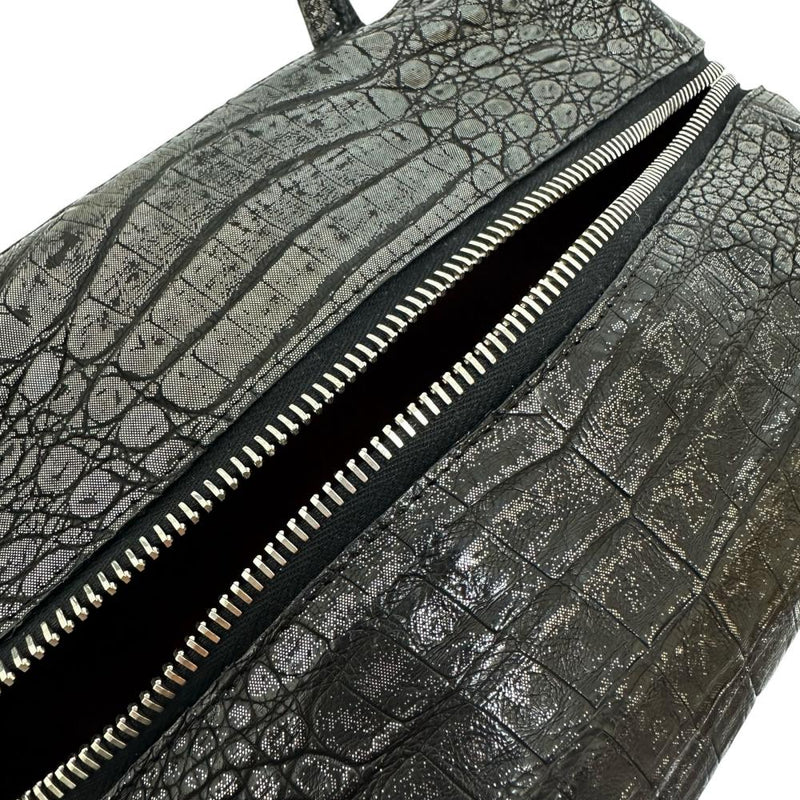 クロコ型押し ハンドバッグ レザー/メタリックコーティングレザー ブラック/シルバー レディース【中古】【真子質店】【BL】 【IMox】