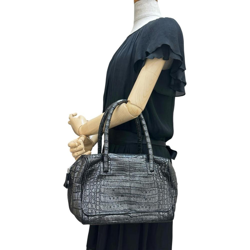クロコ型押し ハンドバッグ レザー/メタリックコーティングレザー ブラック/シルバー レディース【中古】【真子質店】【BL】 【IMox】