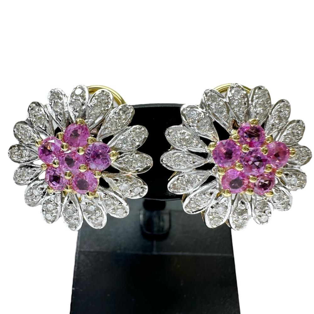 フラワー ピンクサファイア 2.11ct ダイヤモンド 0.74ct ピアス