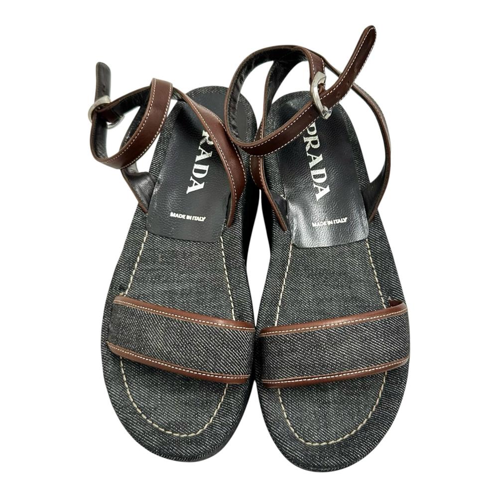 PRADA プラダ ウェッジソール サンダル ボタニカル柄 PRADA/プラダ】 ウェッジソール デニム サンダル ブラック レディース