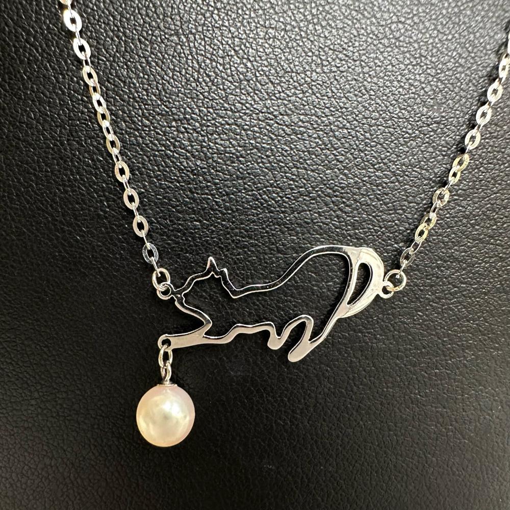 pearlpink　K18WG バッグ型ネックレスチャーム 猫モチーフ アコヤパール 6.0mm ネックレス K18WGホワイトゴールド 18