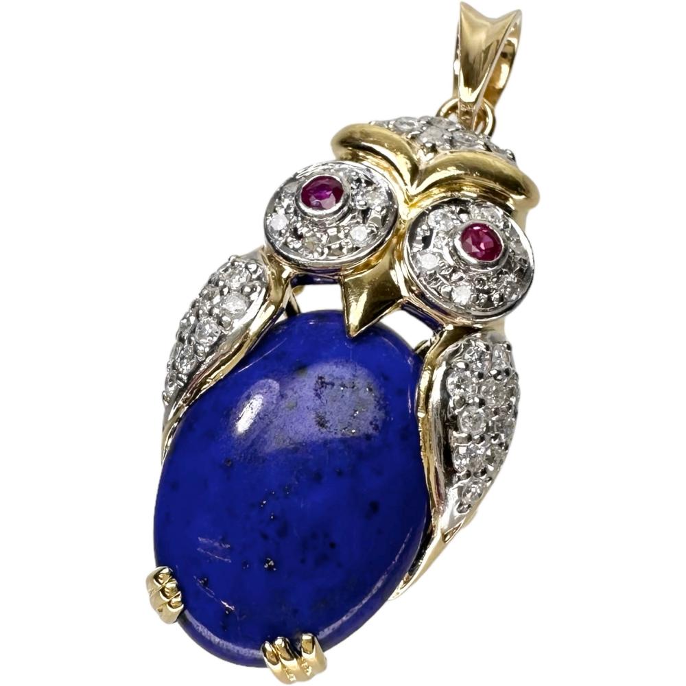 フクロウ ラピスラズリ ダイヤモンド 0.50/0.30ct ルビー ペンダント 