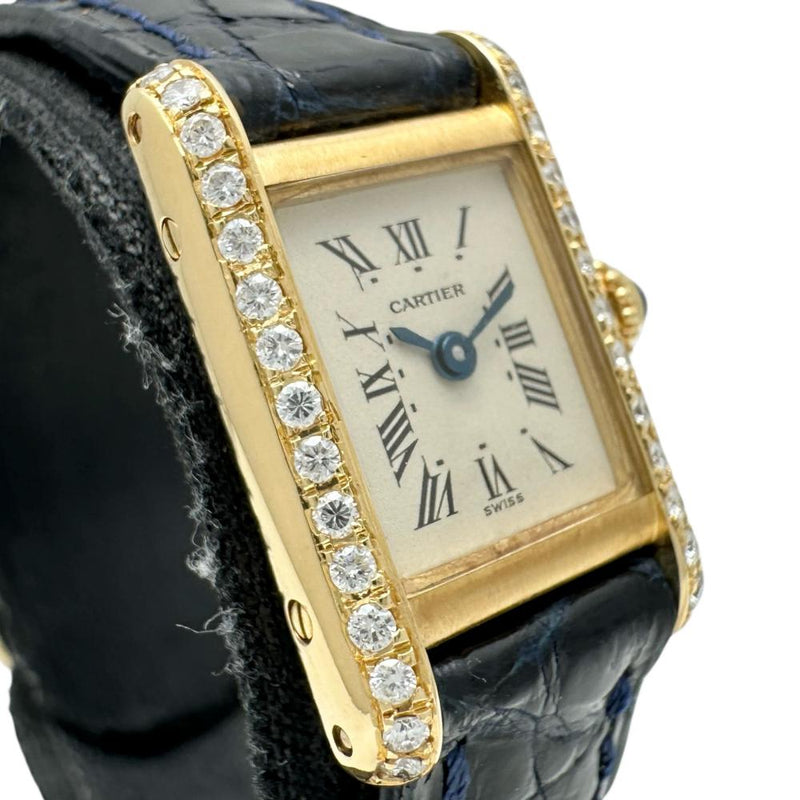 【CARTIER/カルティエ】 タンクミニ　アフターダイヤ 828001 腕時計 K18YGイエローゴールド/レザー クオーツ ベージュ文字盤/ネイビ―レザーベルト レディース 【中古】【真子質店】【GD】 【MaMaxx】