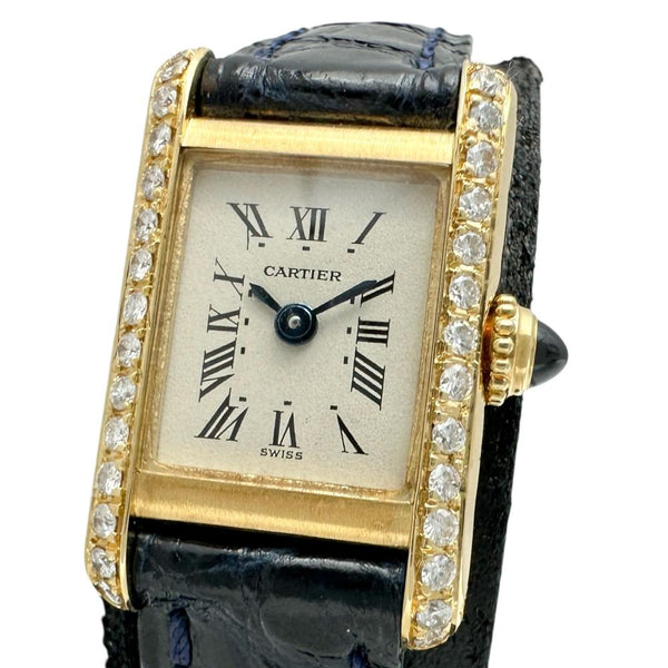 【CARTIER/カルティエ】 タンクミニ　アフターダイヤ 828001 腕時計 K18YGイエローゴールド/レザー クオーツ ベージュ文字盤/ネイビ―レザーベルト レディース 【中古】【真子質店】【GD】 【MaMaxx】