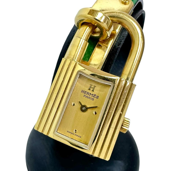 【HERMES/エルメス】 ケリー ウォッチ　 腕時計 GP/レザー クオーツ シャンパンゴールド文字盤/グリーン革ベルト レディース 【中古】【真子質店】【GD】 【DYx】