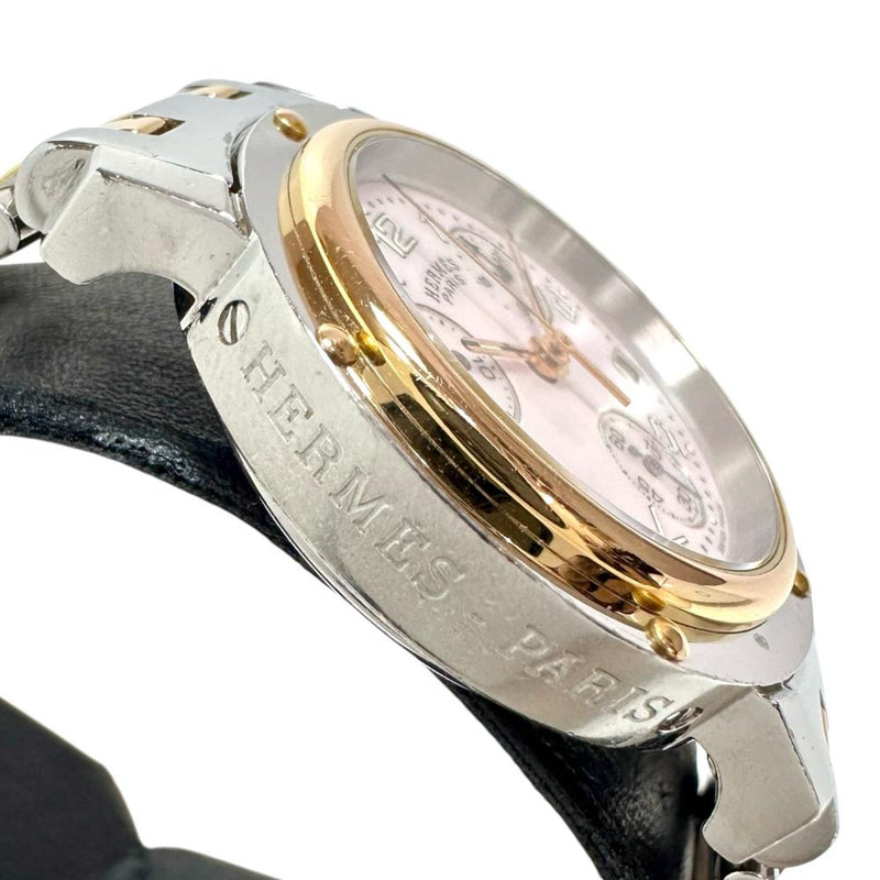 【HERMES/エルメス】 クリッパーナクレ CL1.321 クロノ　保証書/ギャラ/箱付き 腕時計 ステンレススチール/GP クオーツ ピンクシェル文字盤 レディース 【中古】【真子質店】【GD】 【SMoK】