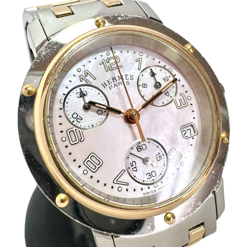 【HERMES/エルメス】 クリッパーナクレ CL1.321 クロノ　保証書/ギャラ/箱付き 腕時計 ステンレススチール/GP クオーツ ピンクシェル文字盤 レディース 【中古】【真子質店】【GD】 【SMoK】