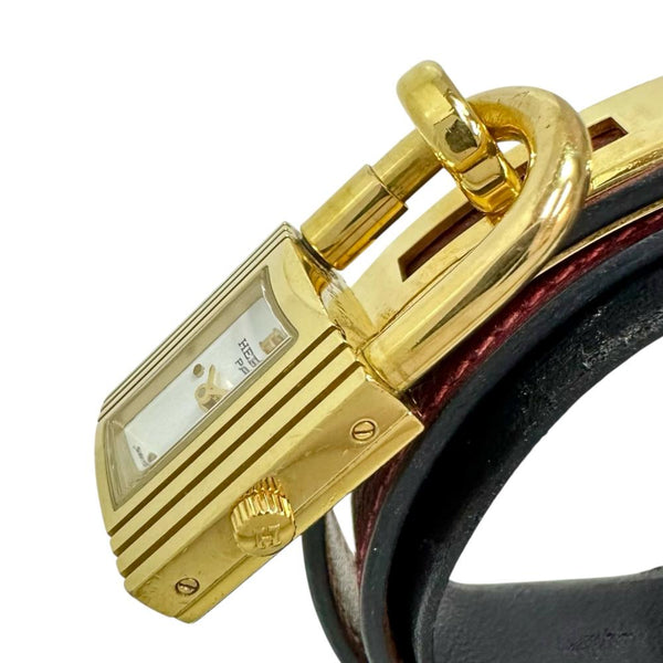 【HERMES/エルメス】 ケリーウォッチ ドゥブルトゥール KE1.201 ロング/2重ブレス 腕時計 GP/レザー クオーツ 白文字盤/ワインレッド革ベルト レディース 【中古】【真子質店】【GD】 【YYx】
