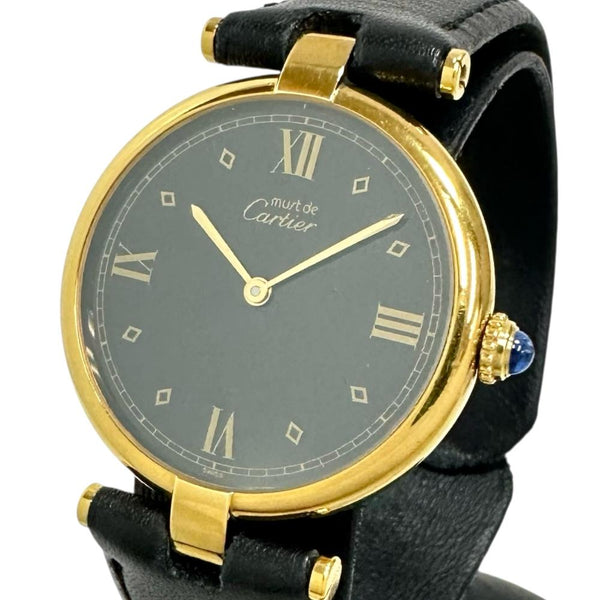 【CARTIER/カルティエ】 マストヴァンドーム 054578　 電池交換済 腕時計 シルバー925/レザー/GPメッキ クオーツ 黒文字盤/黒革ベルト(社外) レディース 【中古】【真子質店】【GD】 【KKx】