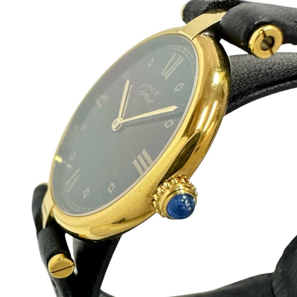 【CARTIER/カルティエ】 マストヴァンドーム 054578　 電池交換済 腕時計 シルバー925/レザー/GPメッキ クオーツ 黒文字盤/黒革ベルト(社外) レディース 【中古】【真子質店】【GD】 【KKx】